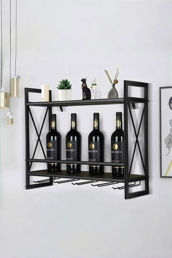 Living and Home 2-Tier Wall-Mounted Hanging Wine Storage Rack Floating Shelf with 5 Glass Holder