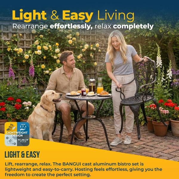 Homeology BANGUI Black Garden and Patio Table and 2 Large Chairs with Armrests Cast Aluminium Bistro Set