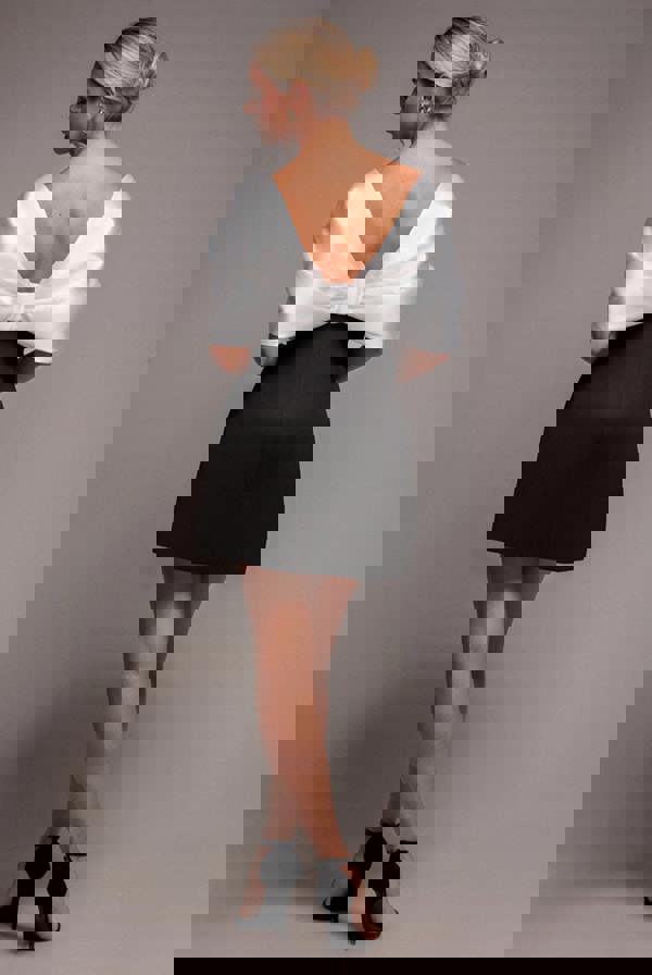 Contrast Off Shoulder Back Satin Bow Scuba Mini Dress - Black Cream DR4713CONTRAST