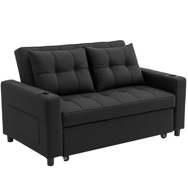 Black two-seater sofa bed with tufted back cushions and padded armrests