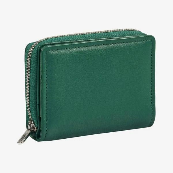 Green leather zip card wallet for women