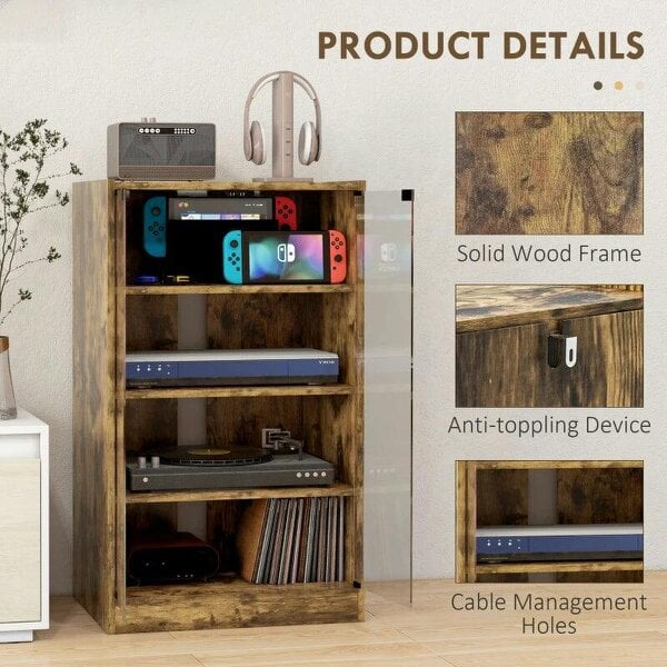 Bobobiy 4-Tier Hi-Fi Stand, Record Player Stand with Adjustable Shelves and Push-to-Open Glass Doors, Rustic Brown