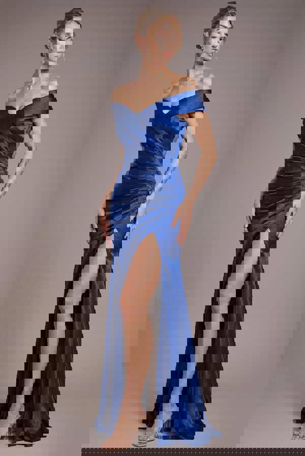 Satin Off Shoulder Pleated Maxi Dress - Navy Blue DR3731