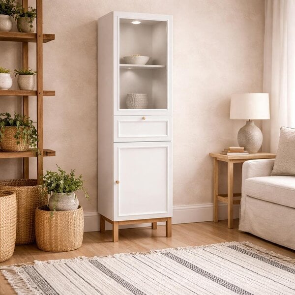 Wyld Haus Niva Light Grey and Natural Oak Effect Display Cabinet with LED Lighting 2 Doors 1 Drawer