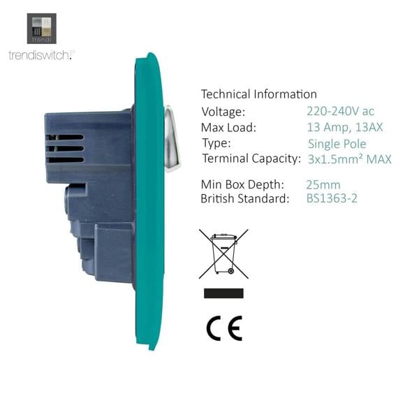 Trendi Switch 1 Gang USB 2100mA Plug Socket in Bright Teal