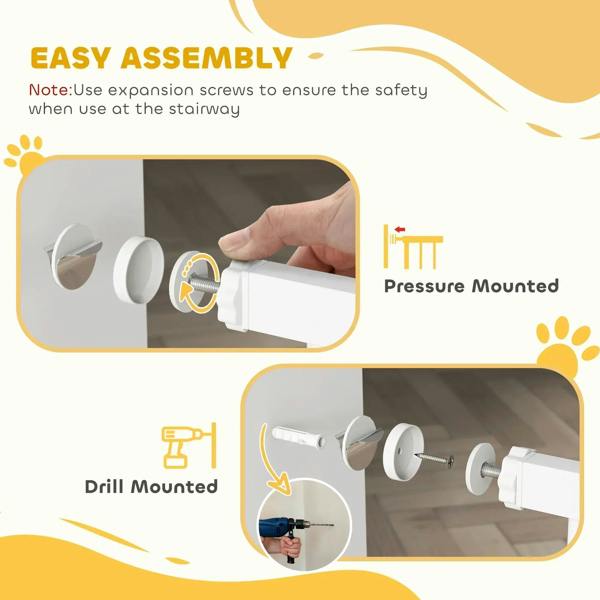 White pet gate installation parts and mounting options shown