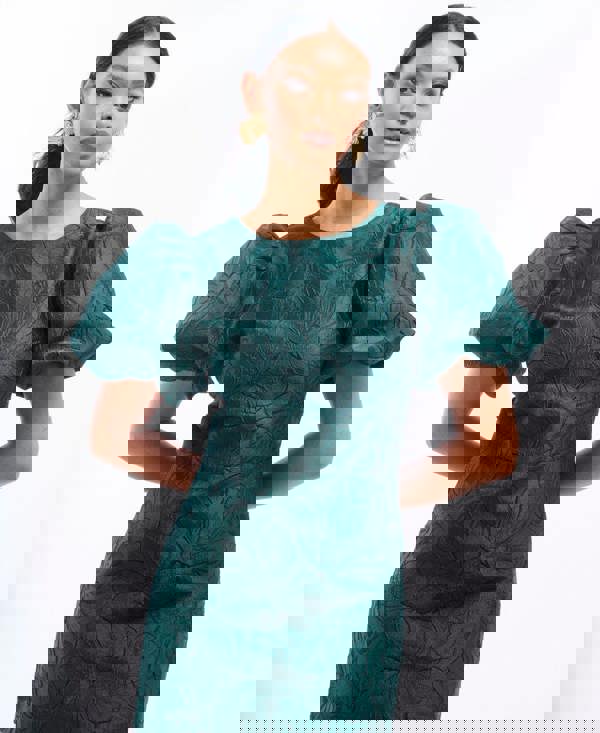 Needs No Label Green Jacquard Puff Sleeve Mini Dress