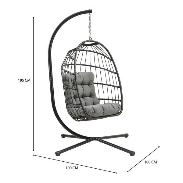 Stylish black rattan hanging egg chair with plush gray cushions, featuring a sturdy metal stand and modern design for indoor or outdoor use
