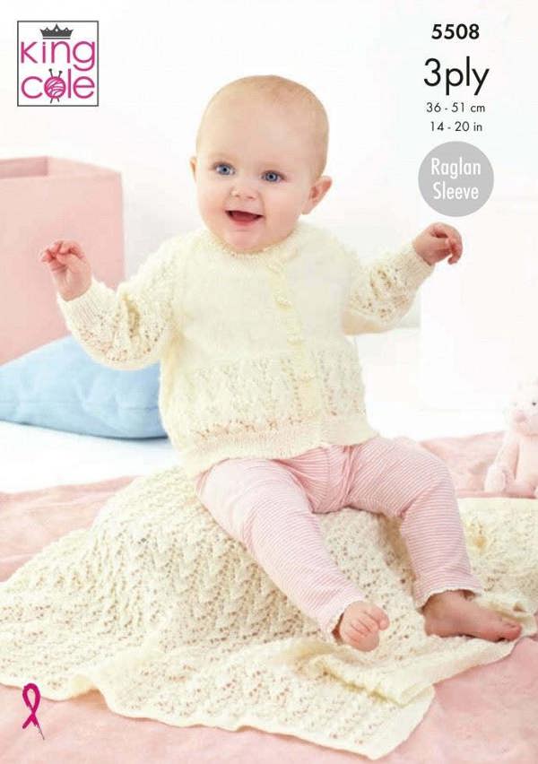 King Cole Big Value Baby 3 Ply Knitting Pattern 5508, Cardigans, Blankets for Baby, 14 - 20 Inches