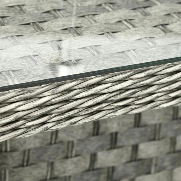 Close-up of woven grey wicker tabletop with glossy finish