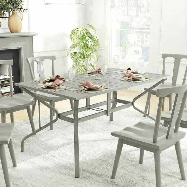 Rectangle Garden Table with Parasol Hole, Outdoor Dining Table for 6, Patio Table for Balcony, 150cm x 90cm, Light Grey