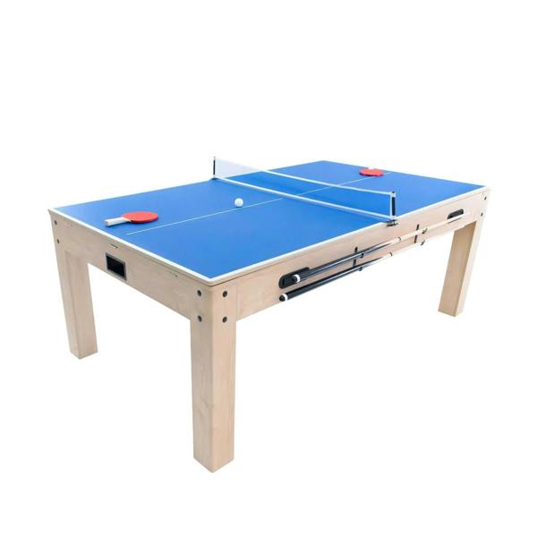 7-In-1 Oak Games Table featuring a vibrant blue playing surface, sturdy wooden legs, and integrated storage for accessories