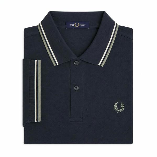 Fred Perry Twin Tipped Polo in Dark Airforce with Ecru/Seagrass stripes and embroidered laurel wreath.
