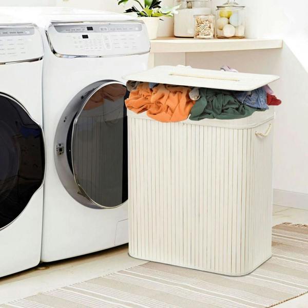 Dyzi Rectangular Bamboo Laundry Basket with Divider Lid Rope Handles White