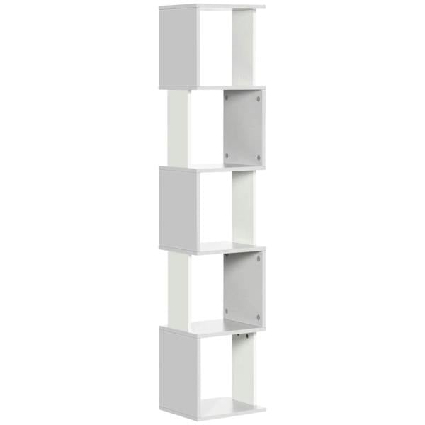 Freestanding 5-tier bookshelf with white and light grey open cubby shelves.