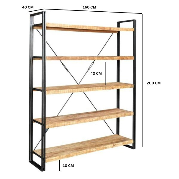 Wyld Haus Toivakka Industrial Reclaimed Wood and Metal Wide Bookcase 5 Shelves