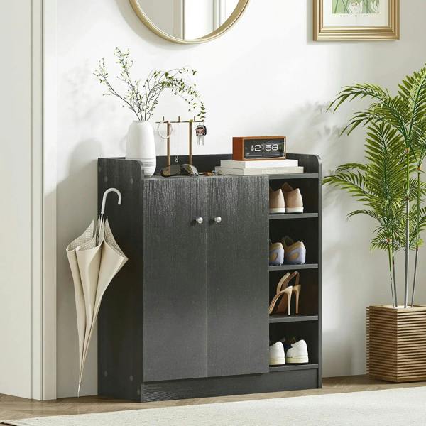 Black shoe storage cabinet with two doors, small open shelf area for shoes