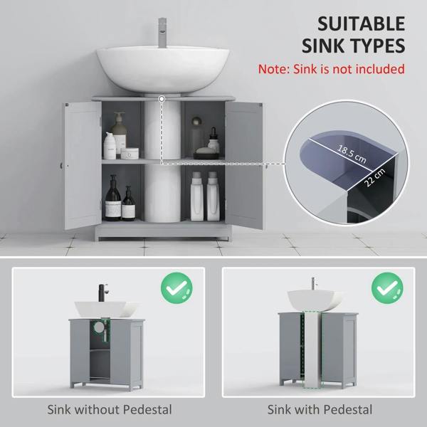 Grey under-sink cabinet with two doors open to reveal interior storage compartments