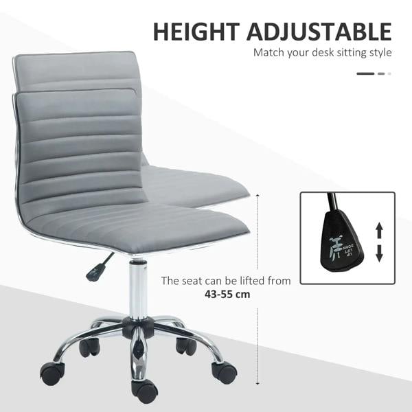 Light grey armless height-adjustable task chair with padded seat and chrome pedestal base