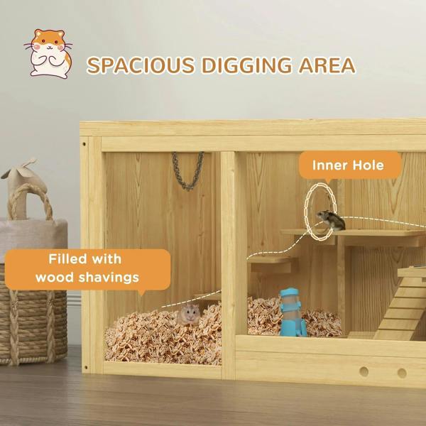 Natural wood hamster cage with enclosed inner hole and deep digging area
