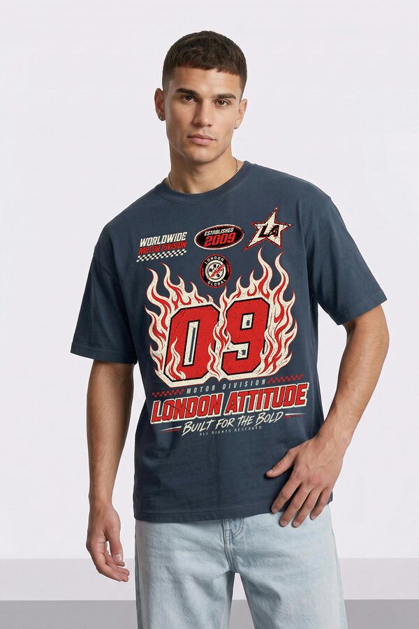 London Attitude Racing Oversized Heavyweight Graphic T-Shirt - Blue Dusk