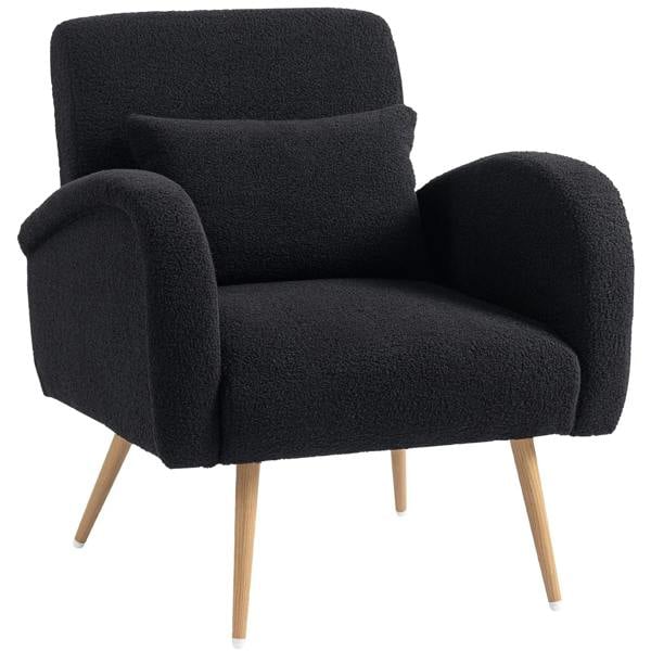 Black teddy fleece accent chair with rounded arms, curved back, and wooden tapered legs