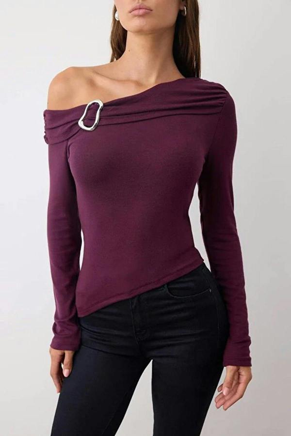 WOVCOR Asymmetrical Neckline Fitted Knitted Blouse with Accessory Details
