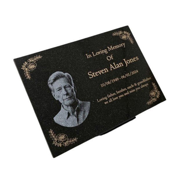 Memorials Direct Granite Memorial Plaque, Flowers, Add a Portrait, Personalised Text and Stand Included