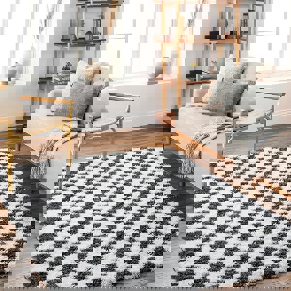 Livabliss Urban Shag-Modern White Black Checkered Soft Plush Pile Rug