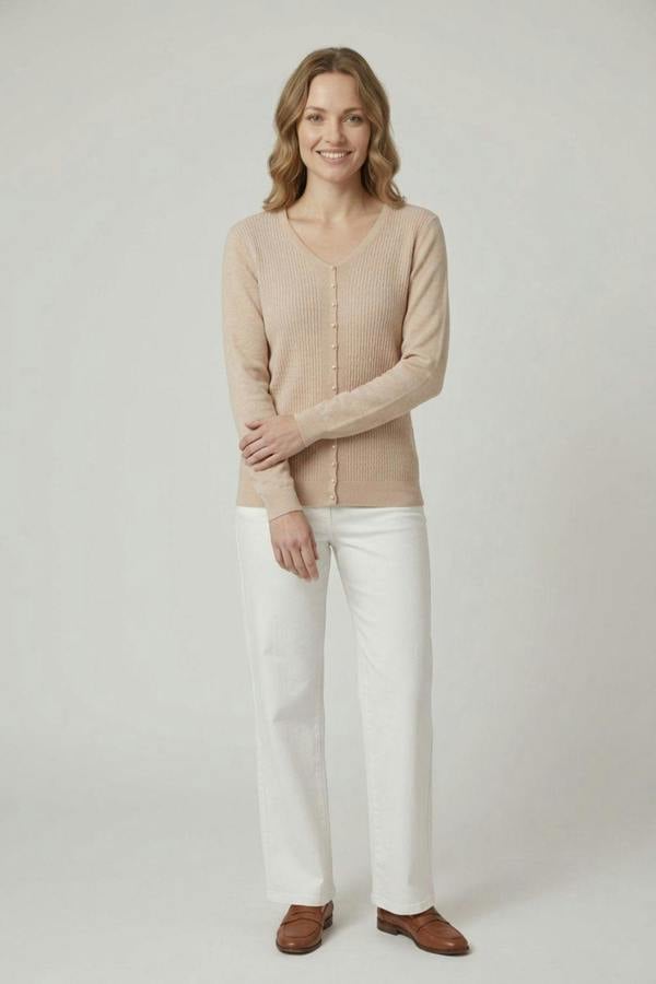 Beige | Textured Pearl Detail V-Neck Knit Top