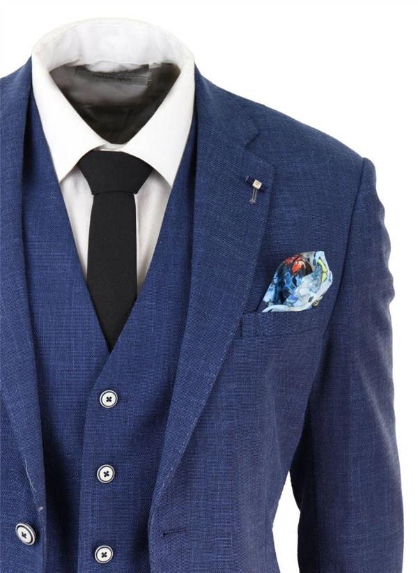 House of Cavani Mens 3 Piece Blue Linen Summer Spring Classic Suit