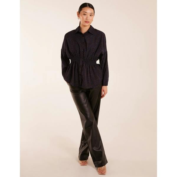 Blue Vanilla Leopard Print Shirred Waist Shirt