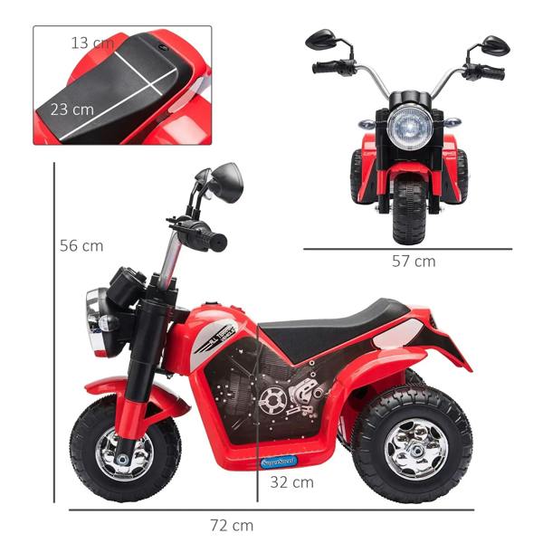 Red three-wheel kids electric motorbike size diagram with length and width measurements