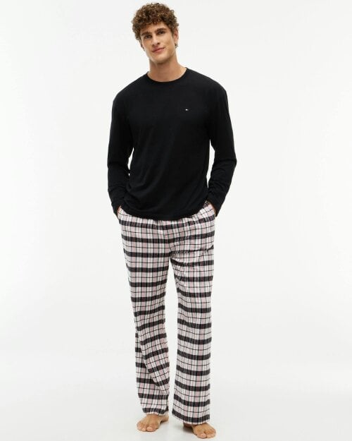 Tommy Hilfiger Jersey Top Flannel Bottom Mens Pyjama Set - Black/Black Red Plaid