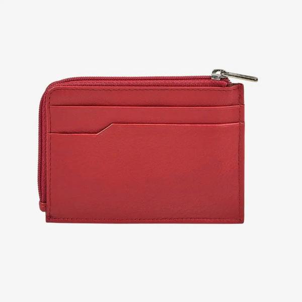 Red real leather card holder wallet with zip compartment