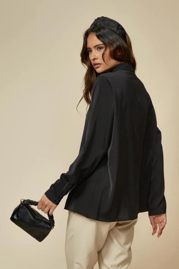Hoxton Gal Oversized Belt Detailed Long Sleeves Shirt Top in Black