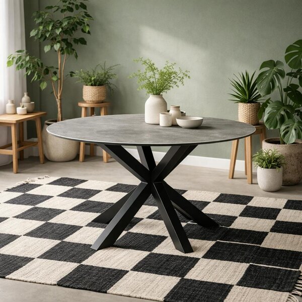 Wyld Haus Perth 119cm Grey Ceramic Round Dining Table Industrial Black Metal Legs