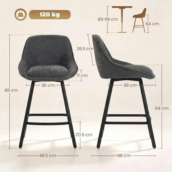 Bobobiy Bar Stools Set of 2, 64 cm Modern Linen-Touch Fabric 360° Swivel Counter Height Bar Chairs, Dark Grey