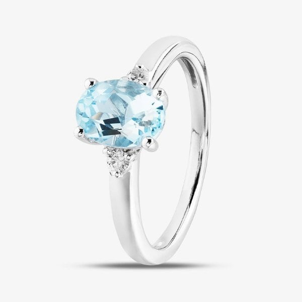 T. H. Baker 18ct White Gold Oval Cut Aquamarine & Brilliant Cut Diamond Three Stone Ring R28085-AQ M