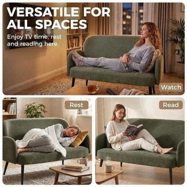 132cm 2 Seater Sofa, Velvet Comfy Small Sofa Couch with Wide Seat, Thick Padding, Tapered Metal Legs, Green