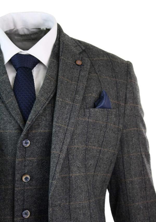 House of Cavani Mens 3 Piece Charcoal Grey Check Tweed Herringbone Vintage Classic Suit