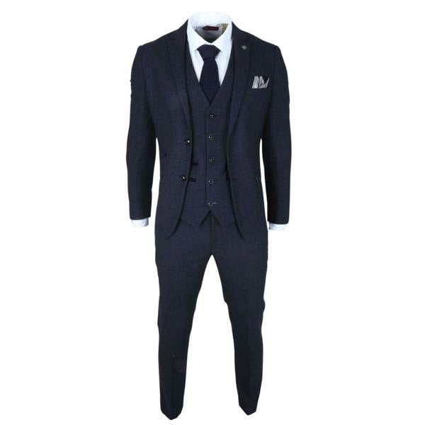Infinity Leather Men's Navy Blue Wool Blend Tweed Formal Suit