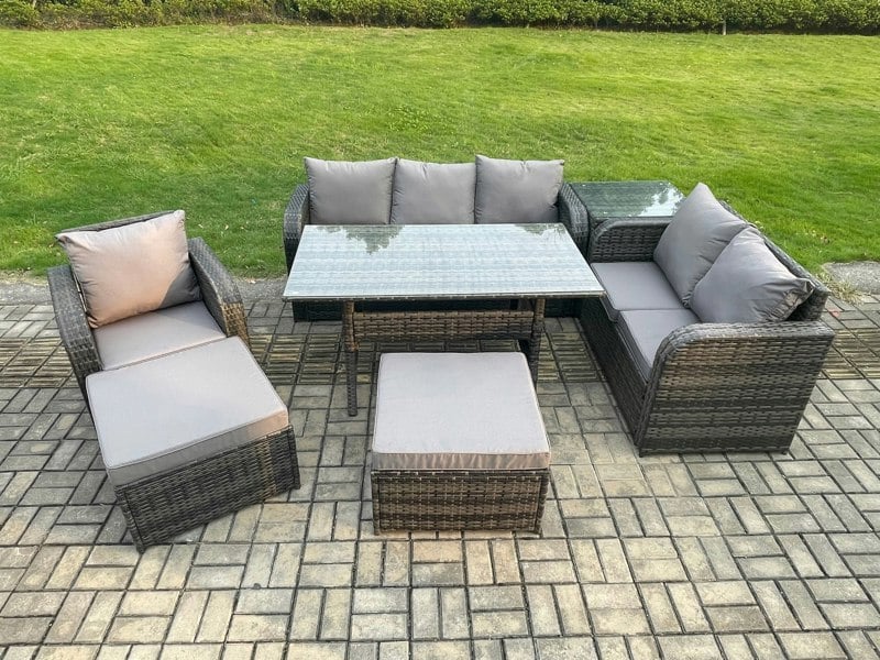 Fimous 7 Piece Rattan Garden Furniture Set with Patio Sofa Rectangular Dining Table Side Table 2 Big Footstool Indoor Conservatory Patio Set
