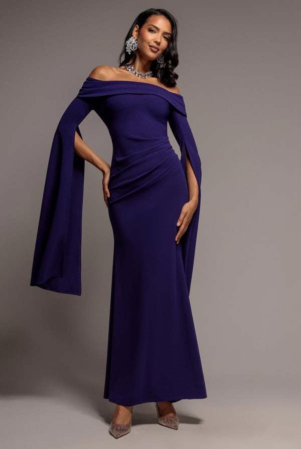 Off Shoulder Bardot Maxi Dress With  Split Cape Sleeves - Deep Purple DR5254