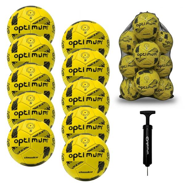 Optimum Classico bulk football pack in Yellow — pack of 10 with free mesh carrier and pump