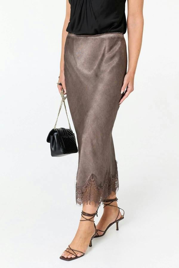 Brown | Lace Trim Satin Texture Midi Skirt