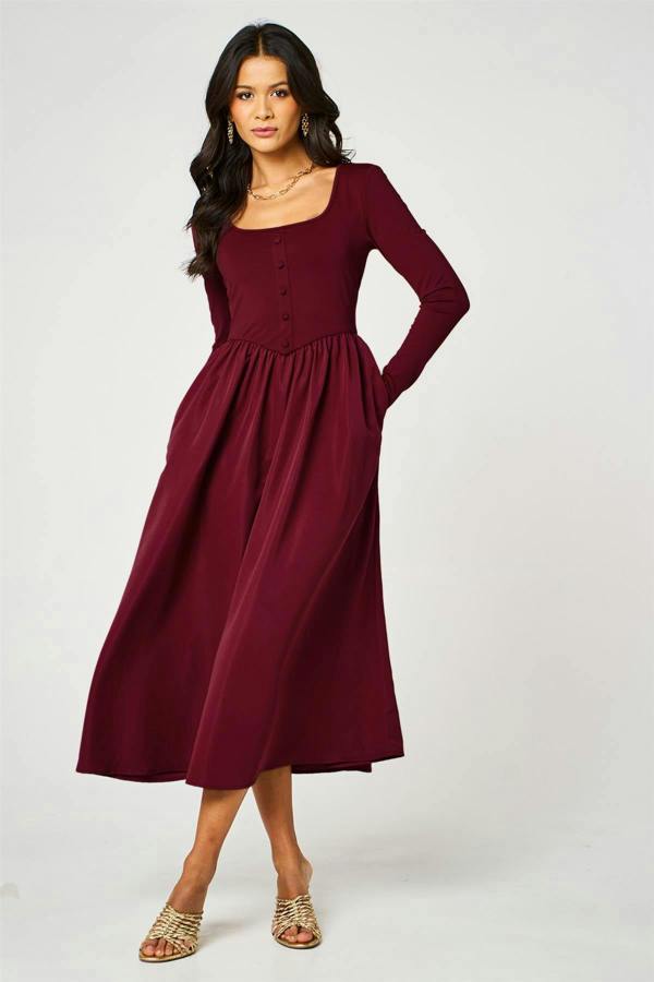 FS Collection Burgundy Square Neck Button-Front Long Sleeve Midi Dress