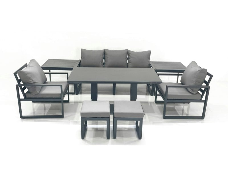 Fimous Outdoor Aluminium Garden Furniture Set with Adjustable Rising Dining Table 3 Seater Sofa 2 Chair 2 Small Footstools 2 Side Tables Dark Grey