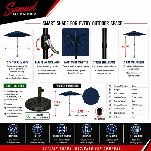 Samuel Alexander 2.7m Havana Garden Patio Parasol with Crank Handle in Blue with 9kg Base Included