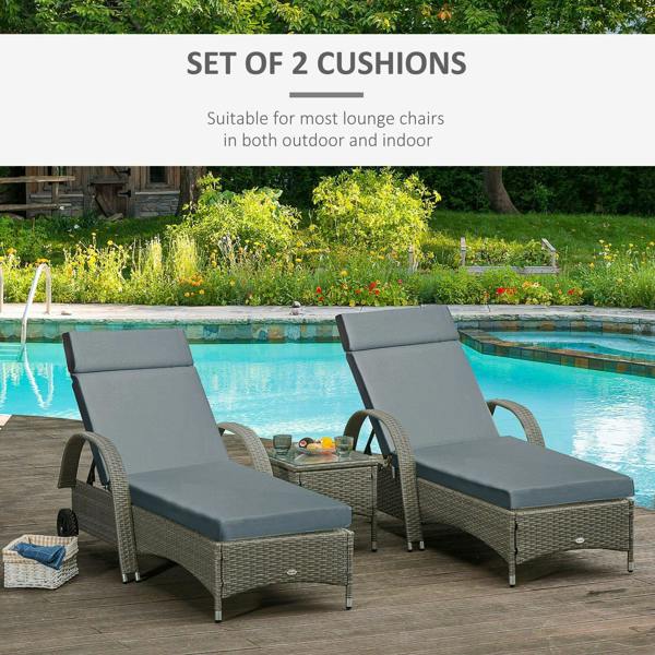 Set of 2 dark grey sun lounger cushions on rattan lounge chairs, seat pad shape
